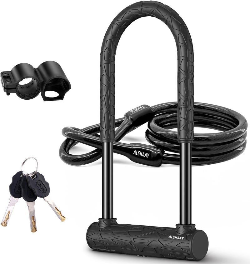 Alshaay Heavy Duty Bike U Lock - Super Strong 12 Ton Shear, 20mm U Shape Lock Anti-Theft Silicone Covered Electric Scooter Lock Keyhole with Sliding Cover 4ft Steel Cable with Mounting Bracket and 3 Keys(L) - Image 1
